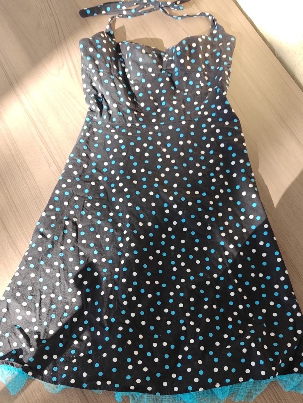 Black Polka Dot Halter Dress with Blue Accents